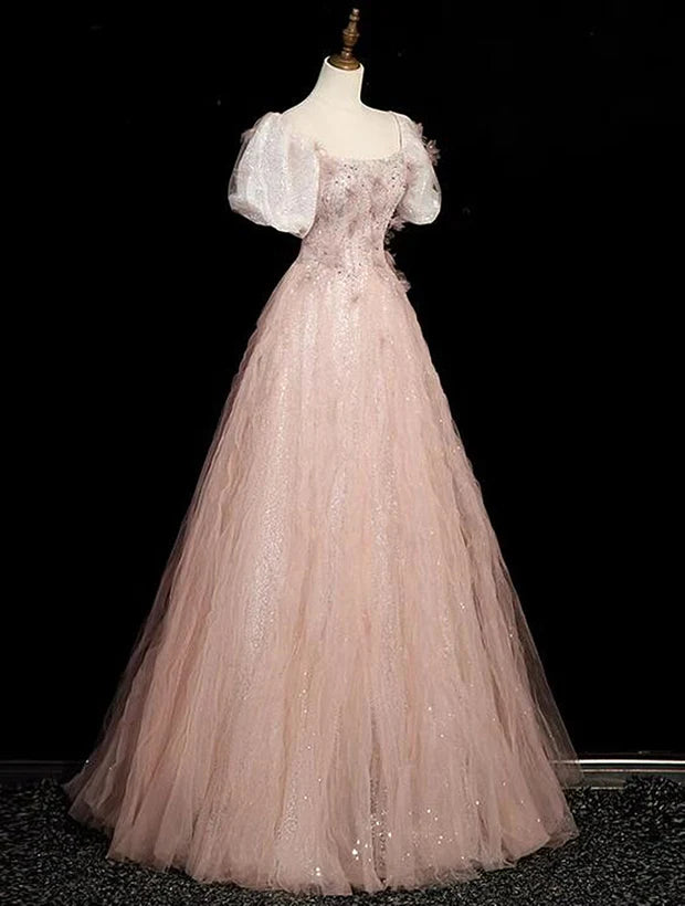 Pink Short Sleeves Tulle Sequins Long Party Dress